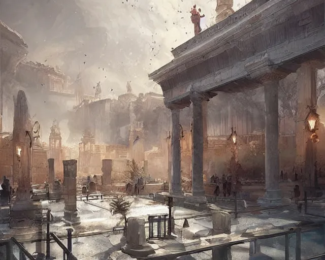 Image similar to a mall in the style of ancient imperial rome cities, art by greg rutkowski and artgerma, stunning concept art, interior design architecture