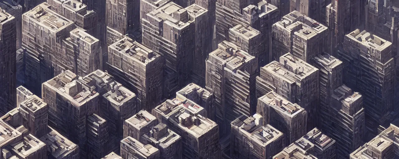 Prompt: concept art of new york city blocks. aerial. architecture. cinematic lighting. photorealistic. trending on artstation. cgsociety. art by greg rutkowski and william o'connor
