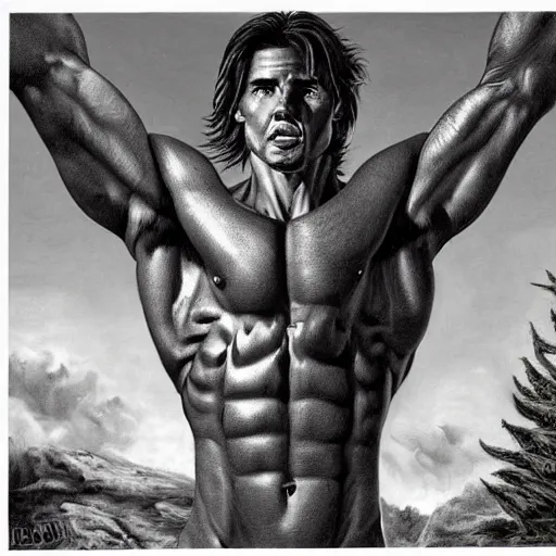 Image similar to beautiful lifelike painting of a centaur centaur centaur chimera tom cruise torso, majestic cinematic, hyperreal detailed facial features and uv lighting, art by ed roth and basil wolverton