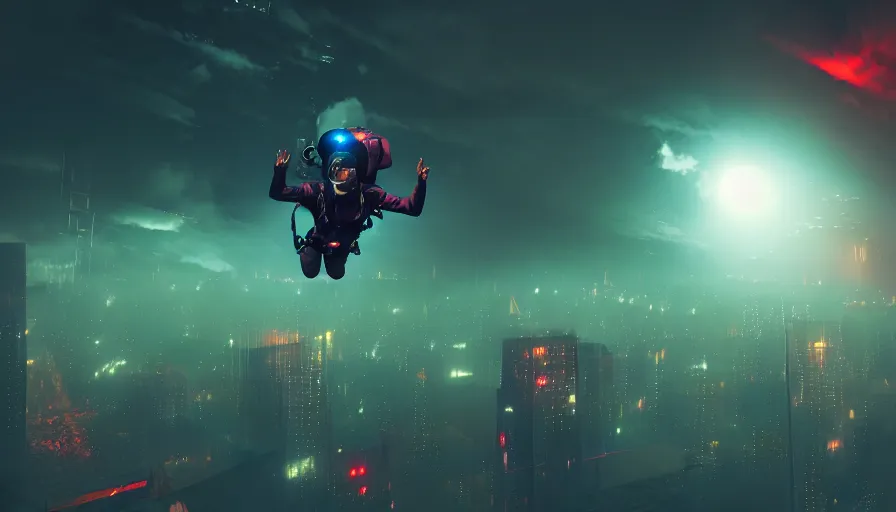 Image similar to man skydiving into a dark cyberpunk city through clouds, volumetric lighting, dystopia, artstation, concept art, painting