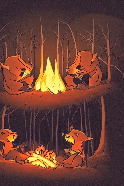 Image similar to an illustration of two evil beavers sitting next to a campfire in a dark forest at night, epid, digital drawing, vector art, beautiful, highly detailed