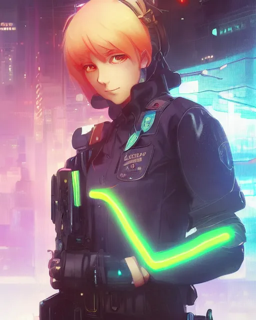 Image similar to anime key visual of a young female police officer, neon, cyberpunk, futuristic, stunning, highly detailed, digital painting, artstation, smooth, soft focus, illustration, art by artgerm and greg rutkowski and alphonse mucha