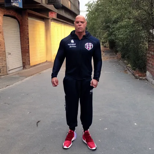 Prompt: Olympic Gold Medalist Kurt Angle, wearing a tracksuit, standing in a dark alleyway, holding a can of beans, cyberpunk