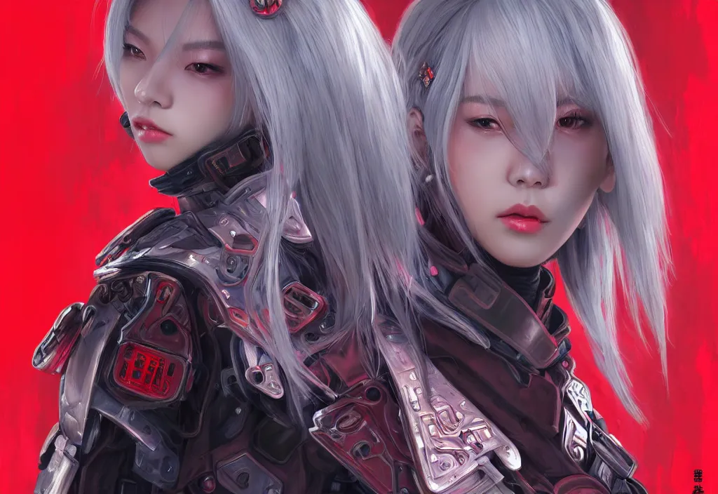 Image similar to portrait devine medium grey hair of futuristic police girl, lisa blackpink wearings red armored uniform, at futuristic cyberpunk tokyo night, ssci - fi and fantasy, intricate and very very very beautiful, highly detailed, digital painting, artstation, concept art, smooth and sharp focus, illustration, art by tian zi and wlop and alphonse mucha