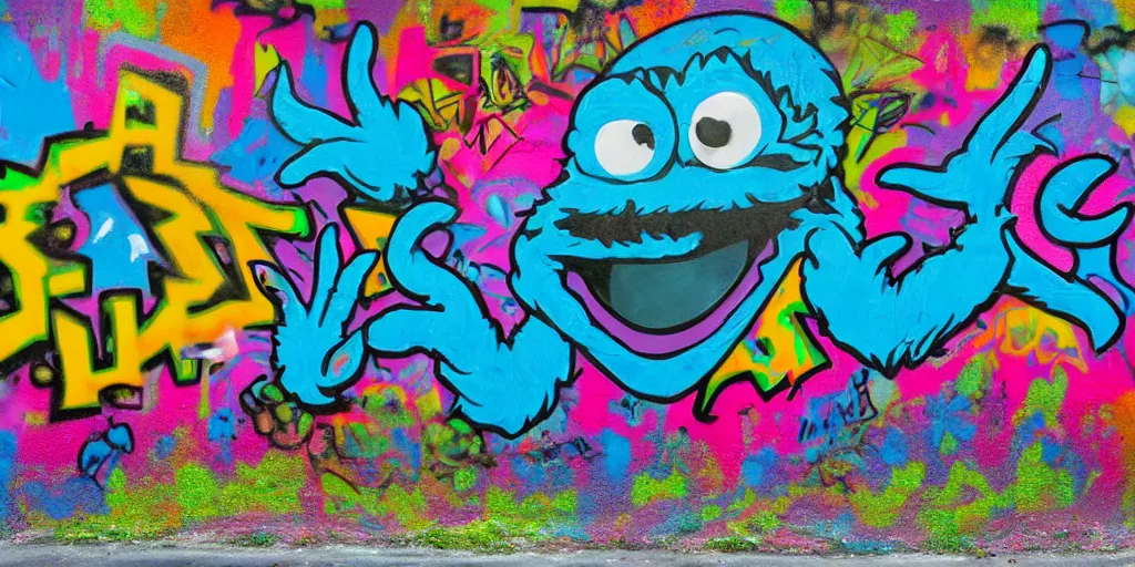 Prompt: Cookie monster with psychedelic colorful eyes, spraypainted on a wall, award-winning graffiti, 15mm wide-angle photograph