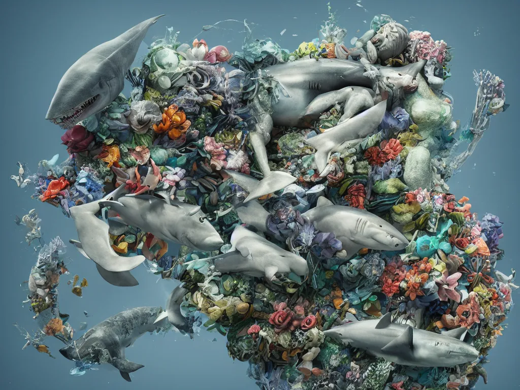 Image similar to a sculpture of ocean shark intertwined, a lovely cornucopia of flowers and human body parts, highly detailed, octane render, cinematic, shock