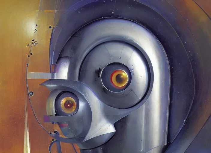 Image similar to a portrait headshot of sci fi metallic human, bright eyes, melancholic complex geometric figure liminal machinery by oskar schlemmer, moebius, john berkey, film grain, oil on canvas, portrait facial head, featured on artstation, hd wallpaper, 8 k