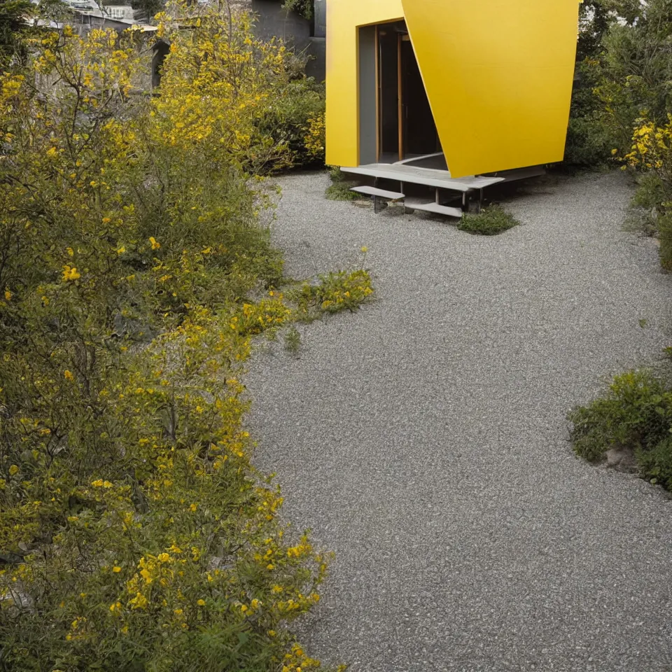 Image similar to a tiny flat house, designed by Frank Gehry. Tiles. Gravel pathway with parking. Film grain, cinematic, yellow hue