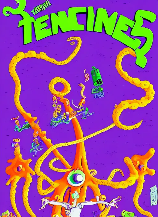 Image similar to a poster for the Day of the Tentacle videogame by Steve Purcell. 8k. Detailed. Characters. Maniac Mansion. Purple tentacle.