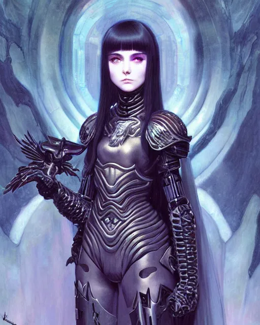 Image similar to portrait of beautiful cute young goth maiden girl with short white hairs in warhammer armor, art by ( ( ( kuvshinov ilya ) ) ) and wayne barlowe and gustav klimt and artgerm and wlop