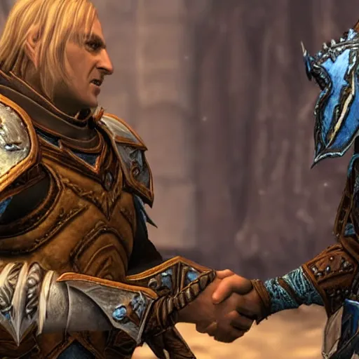 Image similar to arthas menethil shaking hands with skyrim's dragonborn