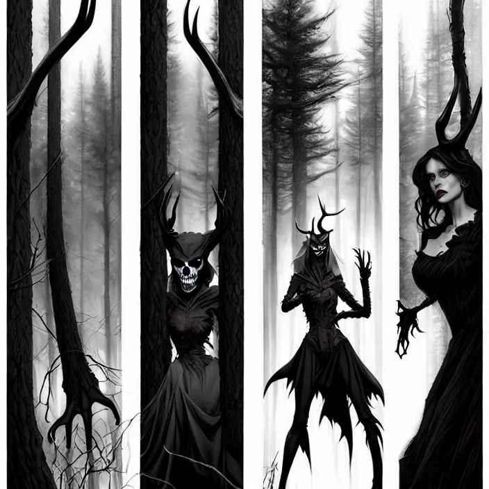 Prompt: style artgerm, joshua middleton, diego fazio, gerald brom, scary wendigo with antlers and skull face mixed with werewolf : : [ beautiful witch wearing a black dress on the right side ] : : in the forest, detailed, dark and foggy, cinematic lighting