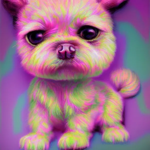Prompt: Highly detailed pastel painting of a chibi puppy, detailed cyberpunk glitchcore synthwave art, trending on ArtStation