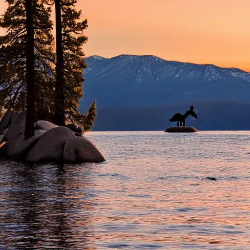 Image similar to nessie at lake tahoe from far off, crystal bay california, professional photography, sunset