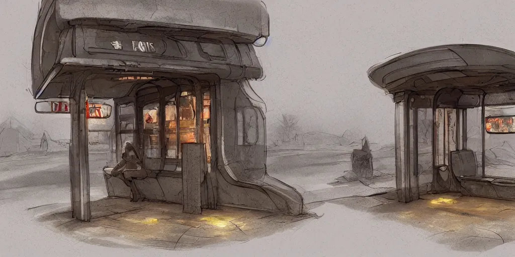 Prompt: concept art of a bus stop with walls for the far north in style of marc simonetti