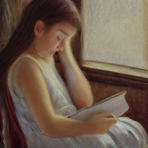 Image similar to a girl reading a book, her hair flowing down, subtle, intricate details, real masterpiece, oil on canvas, by li zangh