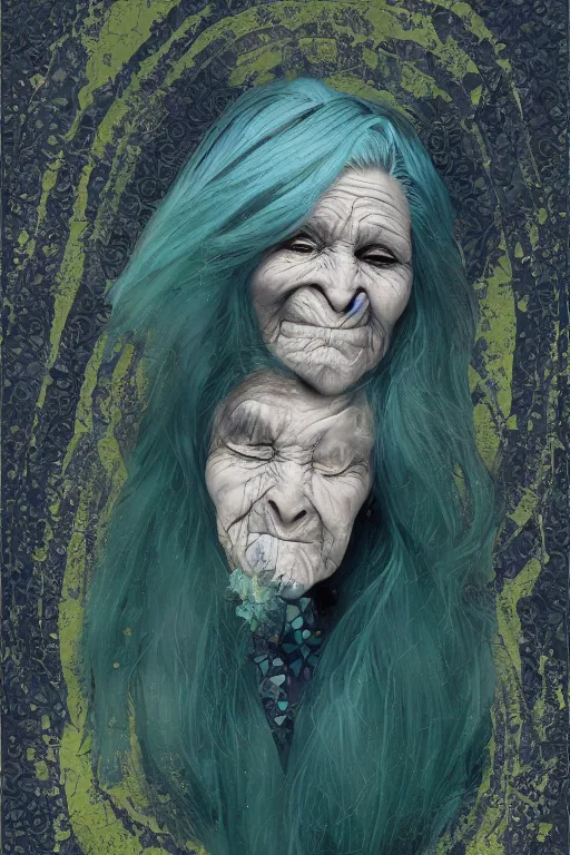 Image similar to portrait of a old woman with cracked manatee skin. dark blue-green hair, dark flower pattern wallpaper background, high detail, by Eddie Mendoza