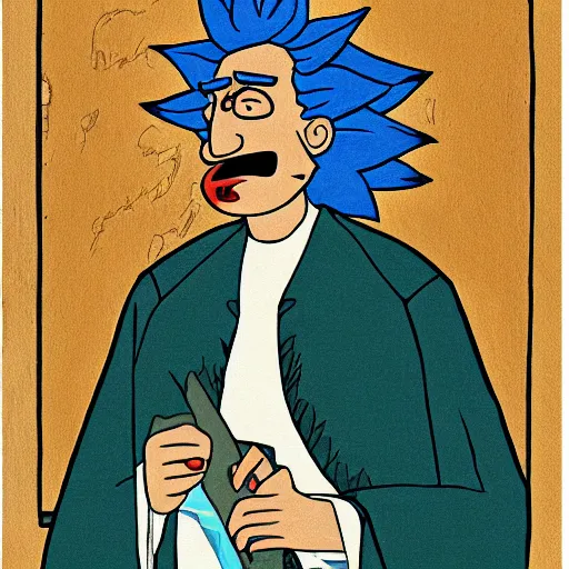 Image similar to rick sanchez of rick and morty, portrait, medieval persian illustration