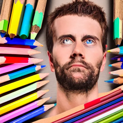 Image similar to exhausted man surrounded by colored pencils and papers