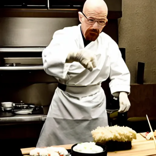 Image similar to photo of Walter white cooking sushi wearing a maid costume