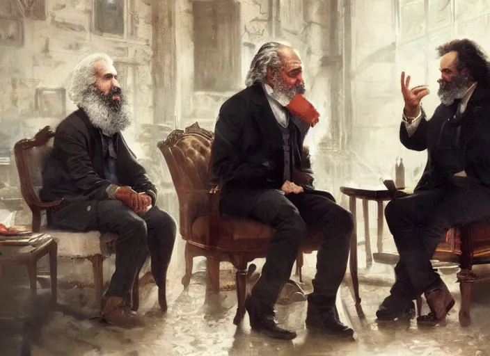 Image similar to Jordan Peterson having a conversation with Karl Marx by Greg Rutkowski, 4k, masterpiece