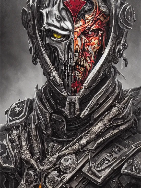 Image similar to art portrait of an undead space marine vampire king, intricate detailed armour ,8k,by tristan eaton,Stanley Artgermm,Tom Bagshaw,Greg Rutkowski,Carne Griffiths, Ayami Kojima, Beksinski, Giger,trending on DeviantArt,face enhance,hyper detailed,minimalist,cybernetic, android, blade runner,full of colour,