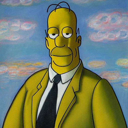 Prompt: a portrait painting of homer simpson painted by claude monet