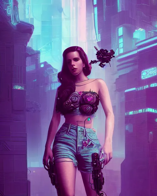 Image similar to portrait of lana del rey as a cyberpunk cyborg. roses, sci - fi, intricate abstract, upper body, intricate artwork, by tooth wu, wlop, beeple, dan mumford. concept art, 8 k octane render, deviantart, greg rutkowski, cinematic, key art, hyperrealism, iridescent accents