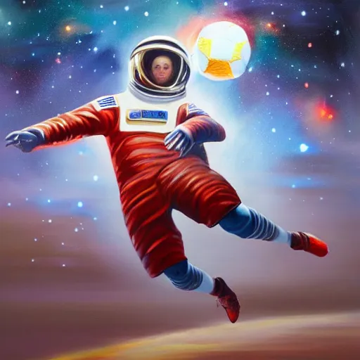 Image similar to a painting of an astronaut playing soccer in a cosmic scenic environment, soccer ball, beautiful, hyperdetailed, action shot, light framing subject, trending on Artstation