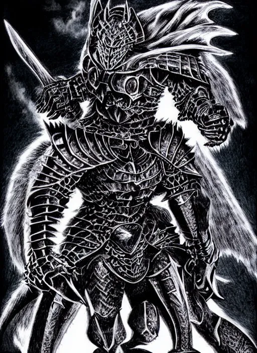 Prompt: demon wolf armored knight by kentaro miura