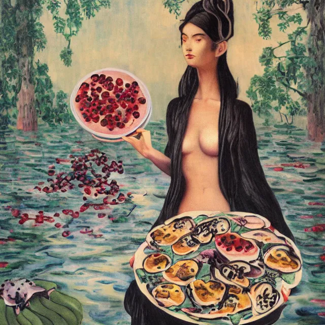 Image similar to tall female catgirl artist holding berry pancakes in her flooded apartment, pomegranates, octopus, water gushing from ceiling, painting of flood waters inside an artist's apartment, a river flooding indoors, mushrooms, ikebana, zen, rapids, waterfall, black swans, canoe, berries, acrylic on canvas, surrealist, by magritte and monet