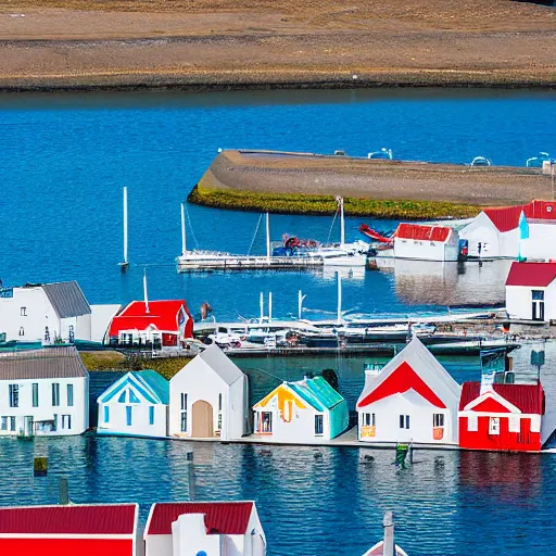 Image similar to row of houses all connected by water in aquaducts , there are boats traveling between the houses as boats are the main means of transportation is a boat on a bright sunny day in iceland