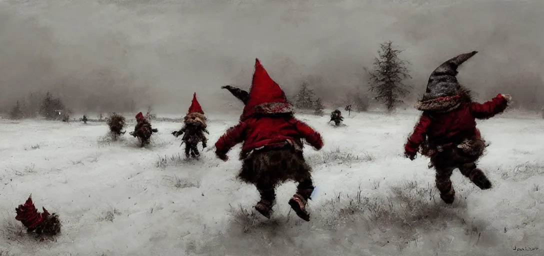 Image similar to two gnomes running from a monster, snowy fields, painting by jakub rozalski,