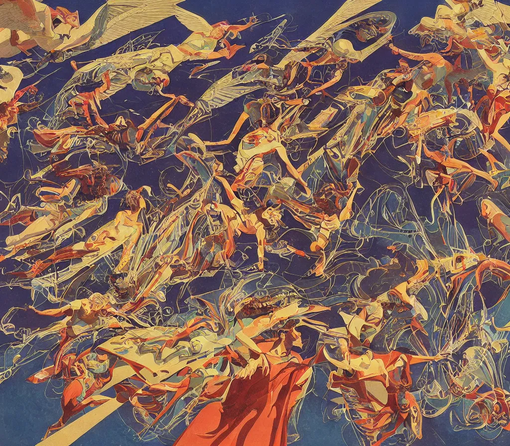 Image similar to sacred angels fighting in the skies of seattle, modernism, gouache, stylised, illustration, by syd mead, mati klarwein, and moebius