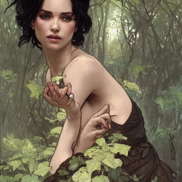 Prompt: portrait of short black hair woman in forest glade by artgerm, greg rutkowski, alphonse mucha, 8 k