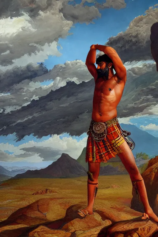 Prompt: a dramatic epic beautiful painting of a shirtless desi man wearing a kilt and cowboy hat | background is mountains and clouds | by mark maggiori and walter crane | trending on artstation