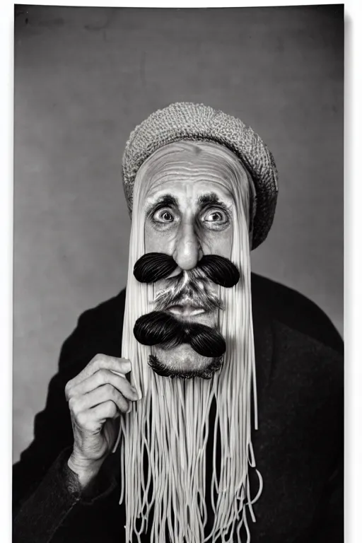 Prompt: extremely detailed portrait of old italian cook, spaghetti mustache, slurping spaghetti, spaghetti in the nostrils, spaghetti hair, spaghetti beard, huge surprised eyes, shocked expression, scarf made from spaghetti, full frame, award winning photo by george hurrell