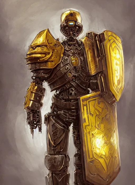 Image similar to dynamic portrait of a intricate mechanical warforged character in yellow armor holding a paladin engraved longsword and carrying a big shield, epic , trending on ArtStation, cinematic lighting, by Jesper Ejsing