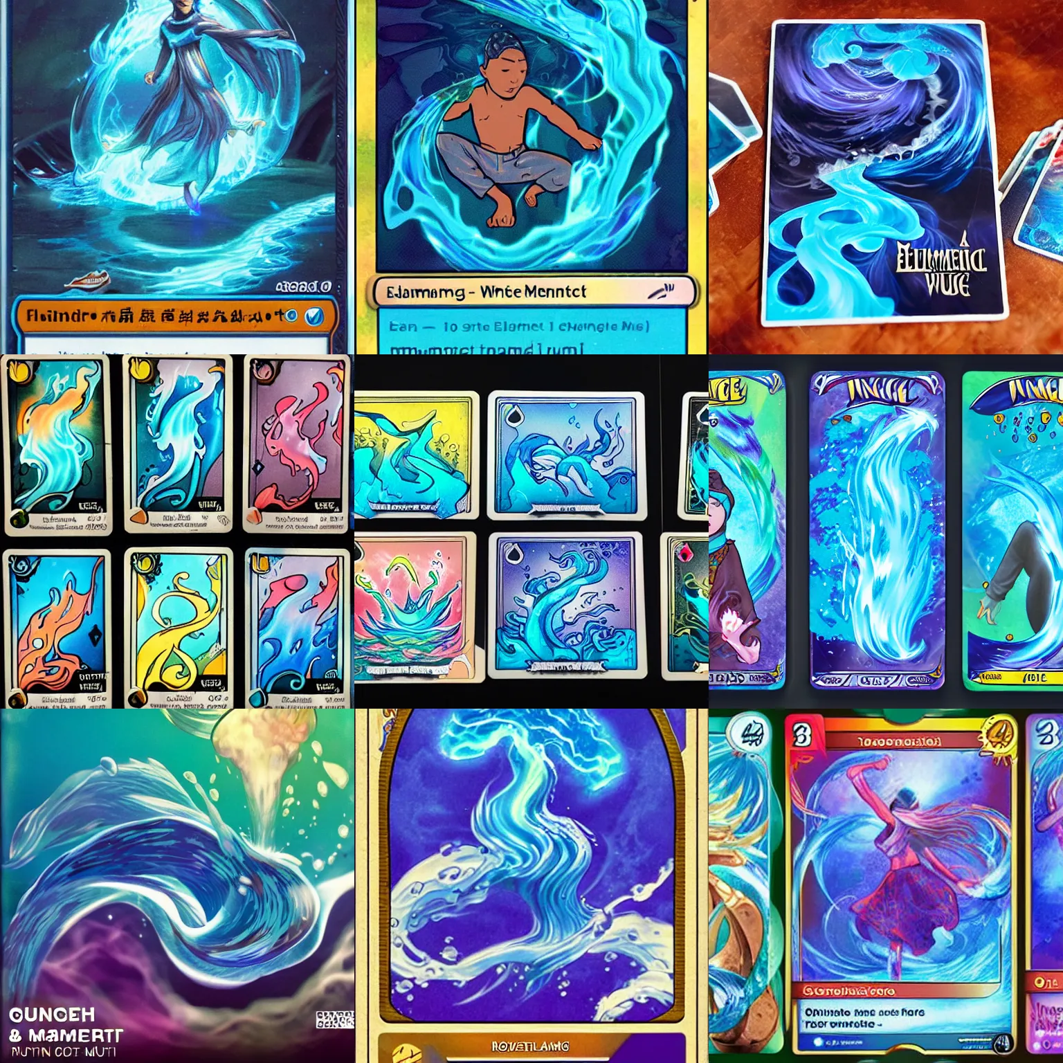 Prompt: magical elementie of water creates magical moving fluid vibes, in collectible trading cards style