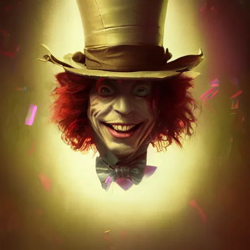 Image similar to The Mad Hatter, huggy wuggy from poppy playtime video game, fullbody, ultra high detailed, glowing lights, oil painting, Greg Rutkowski, Charlie Bowater, Beeple, unreal 5, DAZ, hyperrealistic, octane render, RPG portrait, dynamic lighting, fantasy art, beautiful face