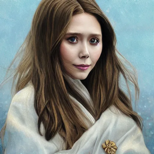 Image similar to Elizabeth Olsen as a young girl in kimono art drawn in art style of WLOP full HD 4K highest quality realistic beautiful gorgeous natural WLOP artist painting