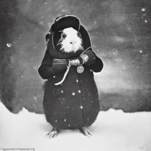 Prompt: a guinea pig dressed as a polar explorer, 1 8 0 0 s photograph