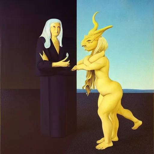 Image similar to a witch with baphomet, by Raphael Hopper, and Rene Magritte. Highly detailed, Occult, funny, humorous, funny, satire, fire, water, earth, air, magical, trending on artstationHQ