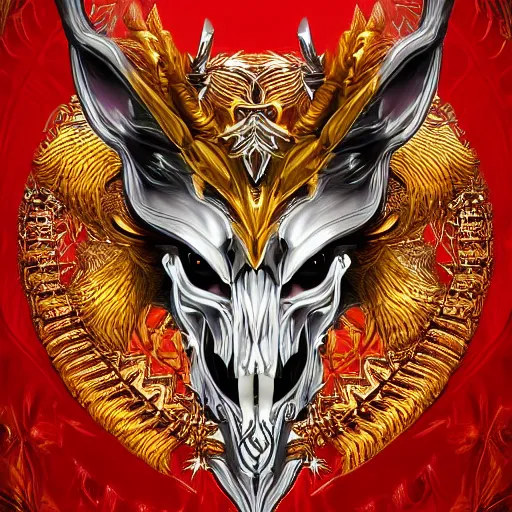 Prompt: portrait closeup of half wolf skull half iroquois warrior skull, dramatic lighting, circural, golden ornaments, symmetric, intricate skeletal decorations, symmetry, highly detailed, concept art, black, glimpse of red, white, gold layers, centered, style of nekroxiii, hyperrealistic, black background, smoke