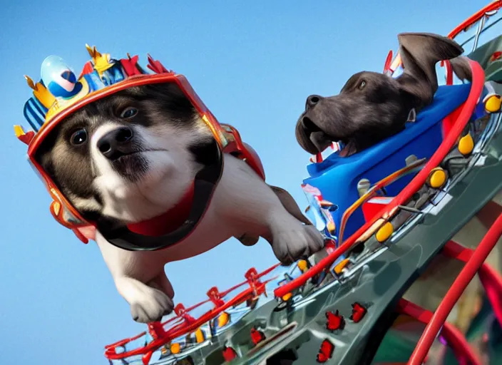 Prompt: film still of a dog riding a roller coaster in disneyland paris, 8 k