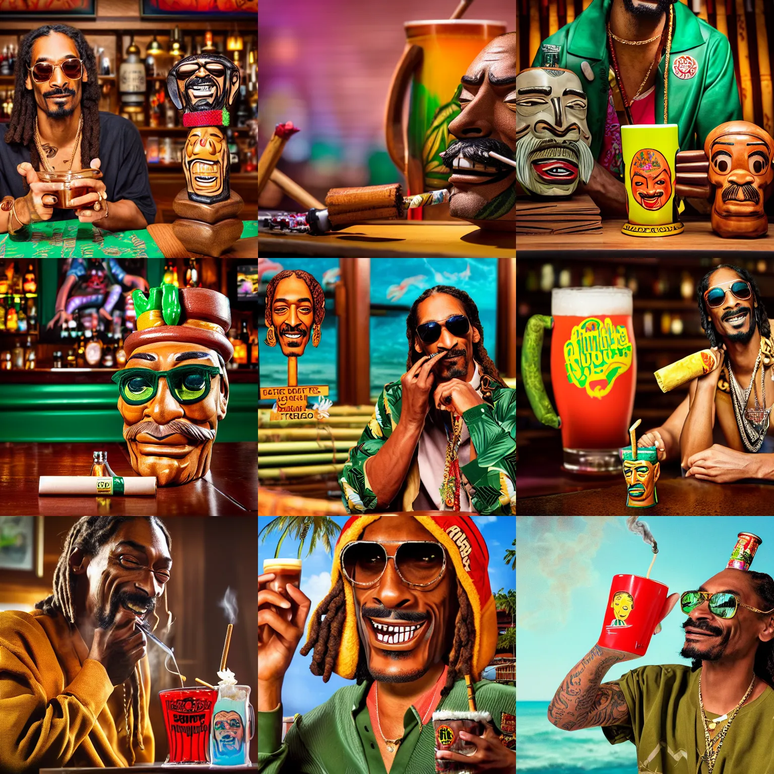 Prompt: a closeup photorealistic photograph of happy blunt smoking snoop dogg at trader vic's bar sitting next to a trader vic's themed tiki mug featuring snoop dogg's face. tiki culture. bright scene. 4 k hd image that's trending on artstation, featured on behance, well rendered, extra crisp, features epic composition and the style of unreal engine.