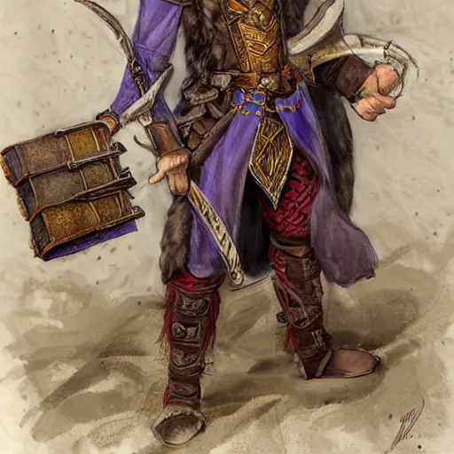 Image similar to d & d realistic painting portrait of a cheerful half elf male bard wearing a ornate purple leather armor. medium length brown hair, well groomed with brown eyes. clean shaven. holding a leather bound book open and writing in it with a fountain pen. sitting at a tavern table. hyper detailed