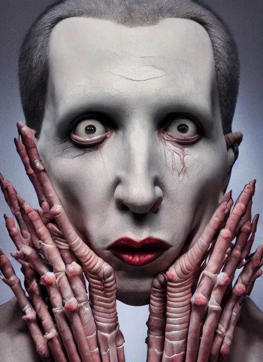 Prompt: portrait of Marilyn Manson with translucent skin, visible muscles and veins and arteries and bones and spines and nerves, beautiful detailed intricate insanely detailed octane render, 8k artistic photography, photorealistic, chiaroscuro, by David Cronenberg, Raphael, Caravaggio