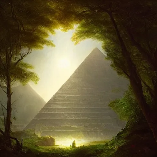 Image similar to ancient pyramid, overgrown undergrowth vegitation, dark volumentric ambient lighting, painting by thomas cole and greg rutkowski