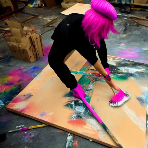 Prompt: surreal - a female artist (wearing pink hair and wearing black beret) swinging an ax with mad anger to cut a painting canvas in as paint flies throughout a dirty, dark art studio with paint cans on the floor and a computer in the corner